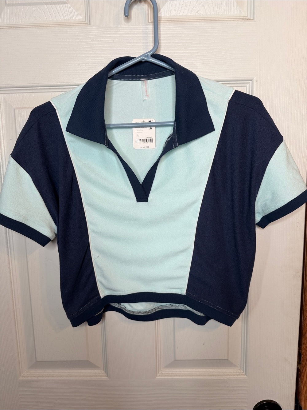 FP Movement by Free People Two-Tone Cropped Polo in Light Blue and Navy